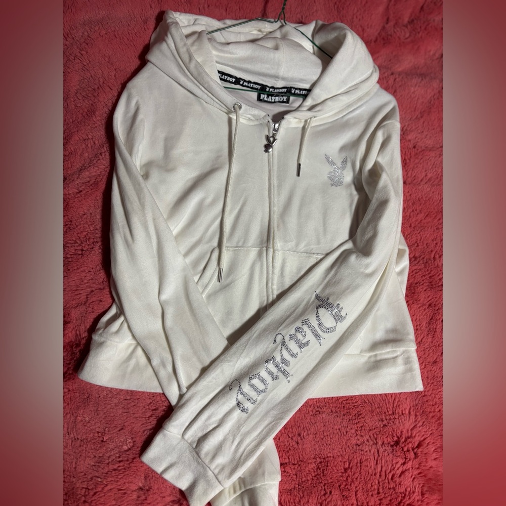 PLAYBOY Women's Cream Hoodie with Silver Accents